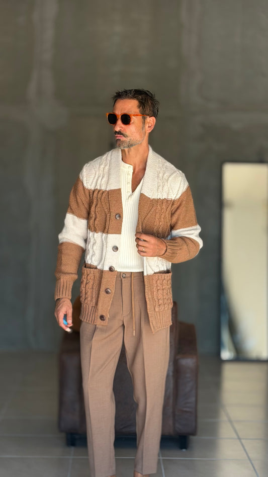 CARDIGAN MAGLIA INGLESE BANDA RIGA PANNA E CAMMELLO  BL11