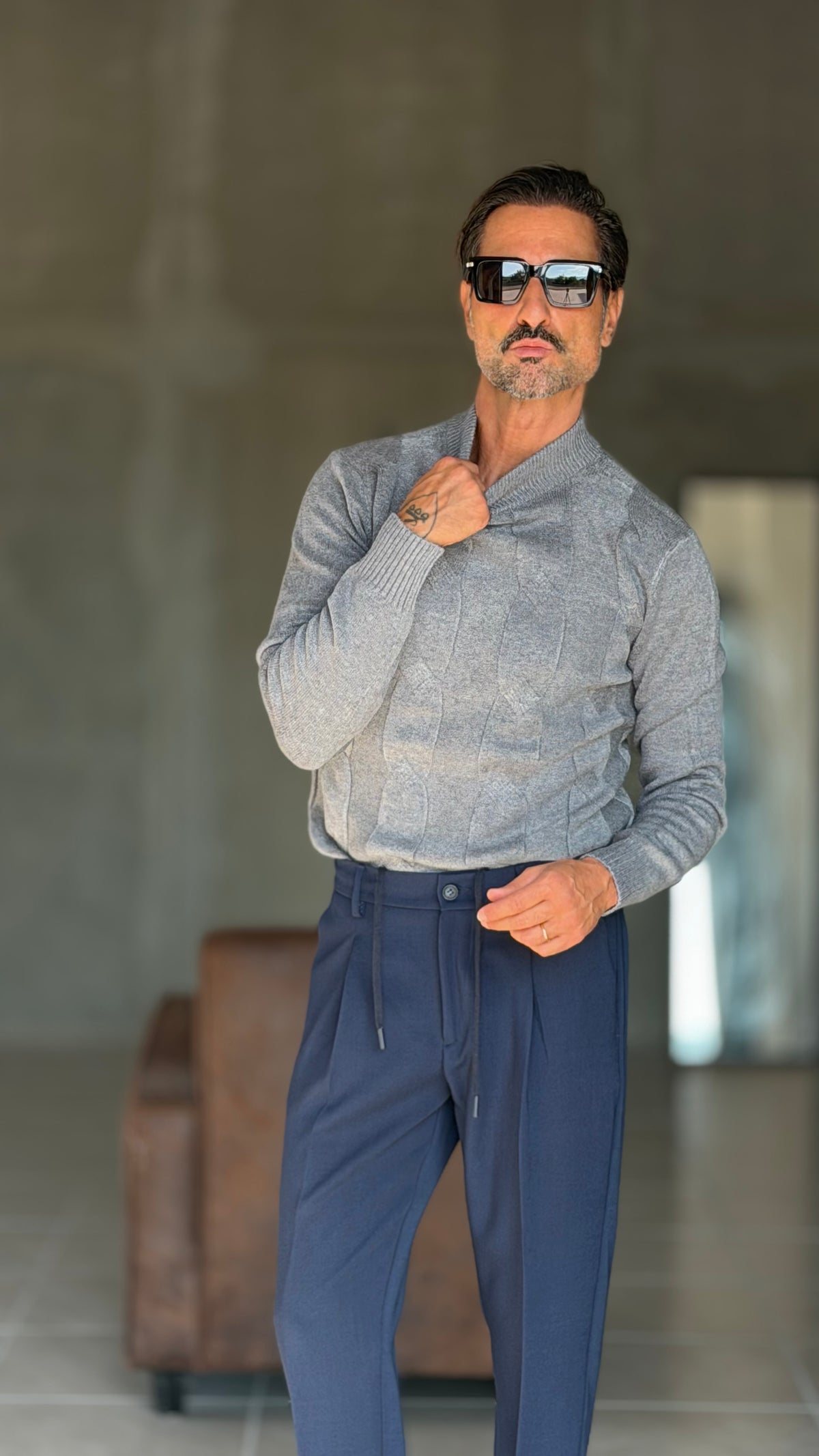 PULLOVER GRIGIO MEZZO COLLO TRECCIA VISCOSA