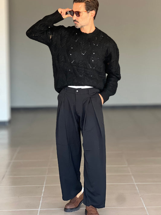 PANTALONE  FONDO AMPIO NERO DOPPIA PINCES