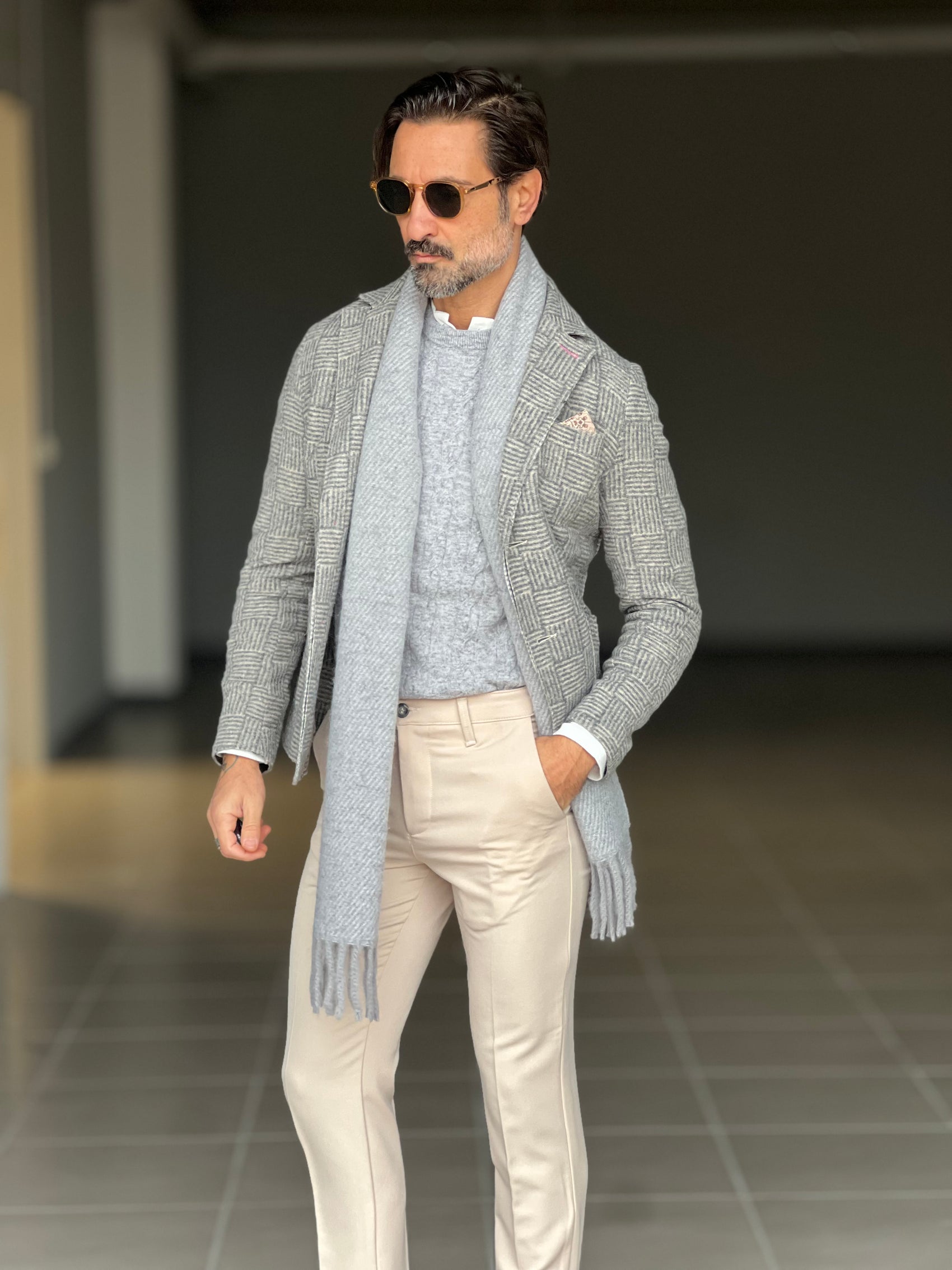 MAGLIA GIRO GRIGIA LANA E CASHEMERE TRECCIA PICCOLA