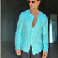 CAMICIA COREANA VERDE ACQUA GOFFRATA COTONE  EFFETTO LINO 278