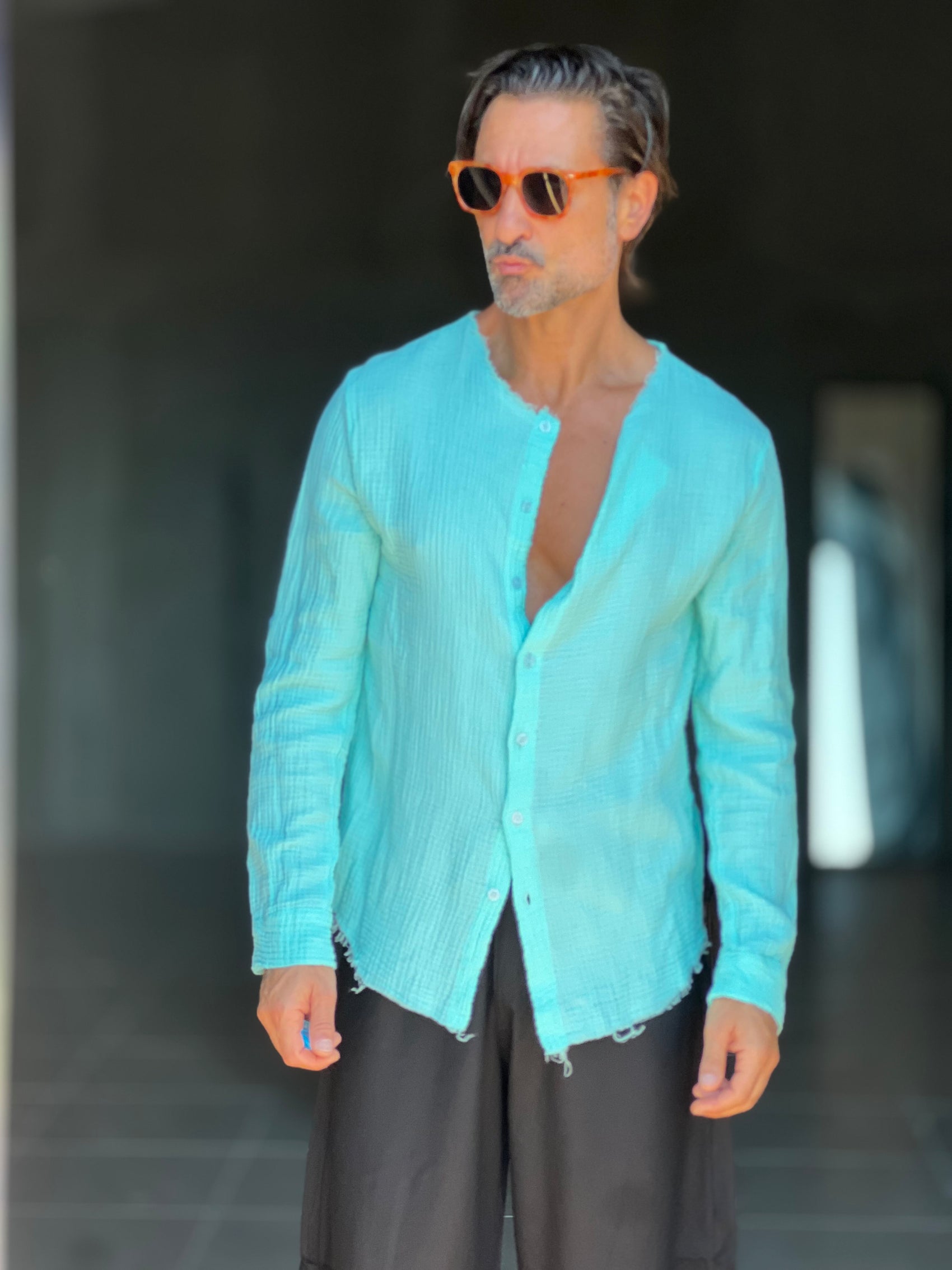 CAMICIA COREANA VERDE ACQUA GOFFRATA COTONE  EFFETTO LINO 278