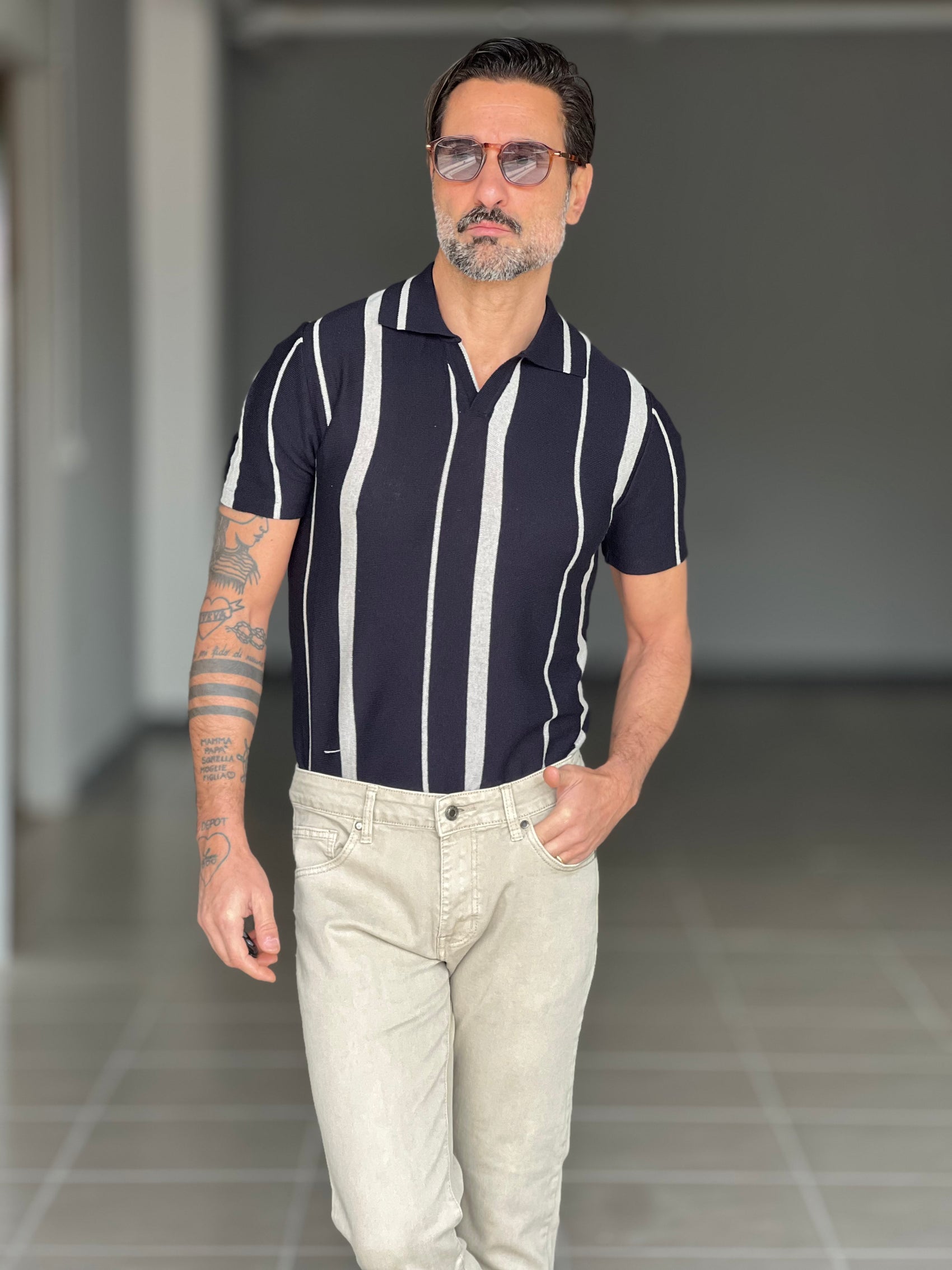 POLO BLU MISTO LINO BICOLORE