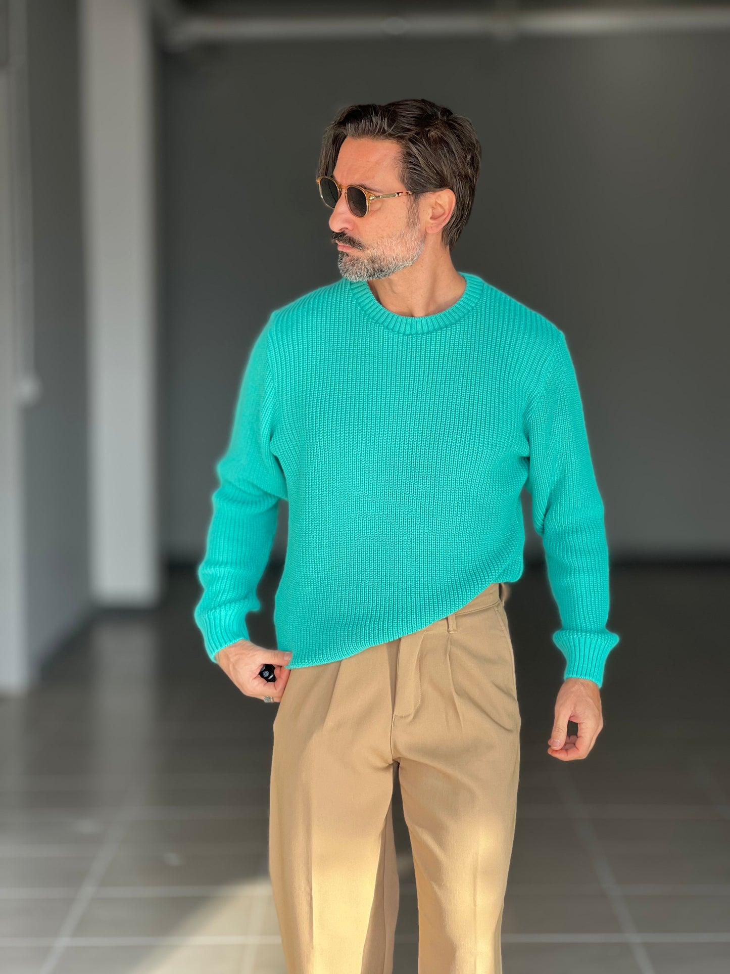 BLUE THREAD COTTON CREW NECK SWEATER