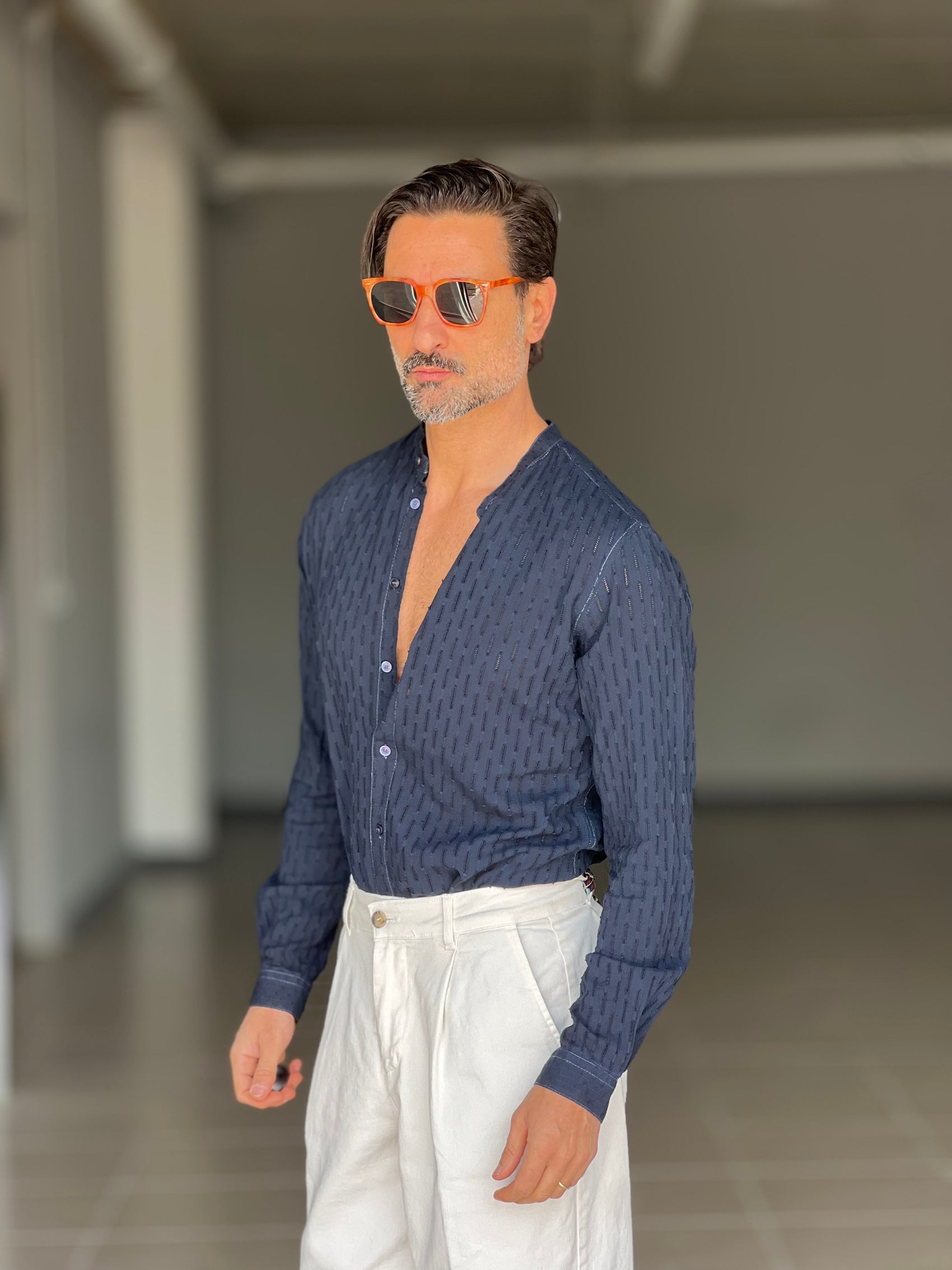 CAMICIA KOON BLU  LINO E COTONE LAVORAZIONE TRAMATA