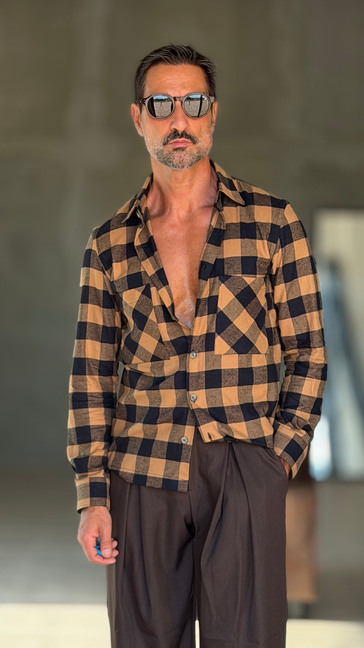 CAMICIA  FLANELLA QUADRO NERO E CARAMELLO 346