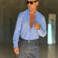 CAMICIA COREANA RIGA MULTICOLOR  BLU  MISTO LINO