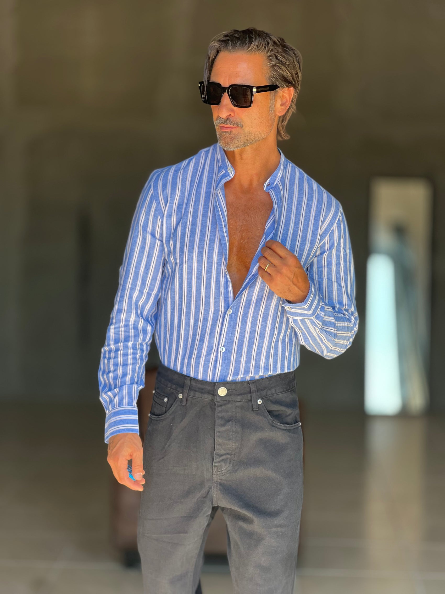 CAMICIA COREANA RIGA MULTICOLOR  BLU  MISTO LINO 777