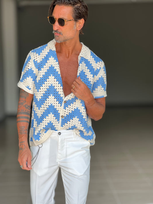 POLO PANNA  DISEGNO ROMBO CELESTE E PANNA   LAVORAZIONE UNCINETTO