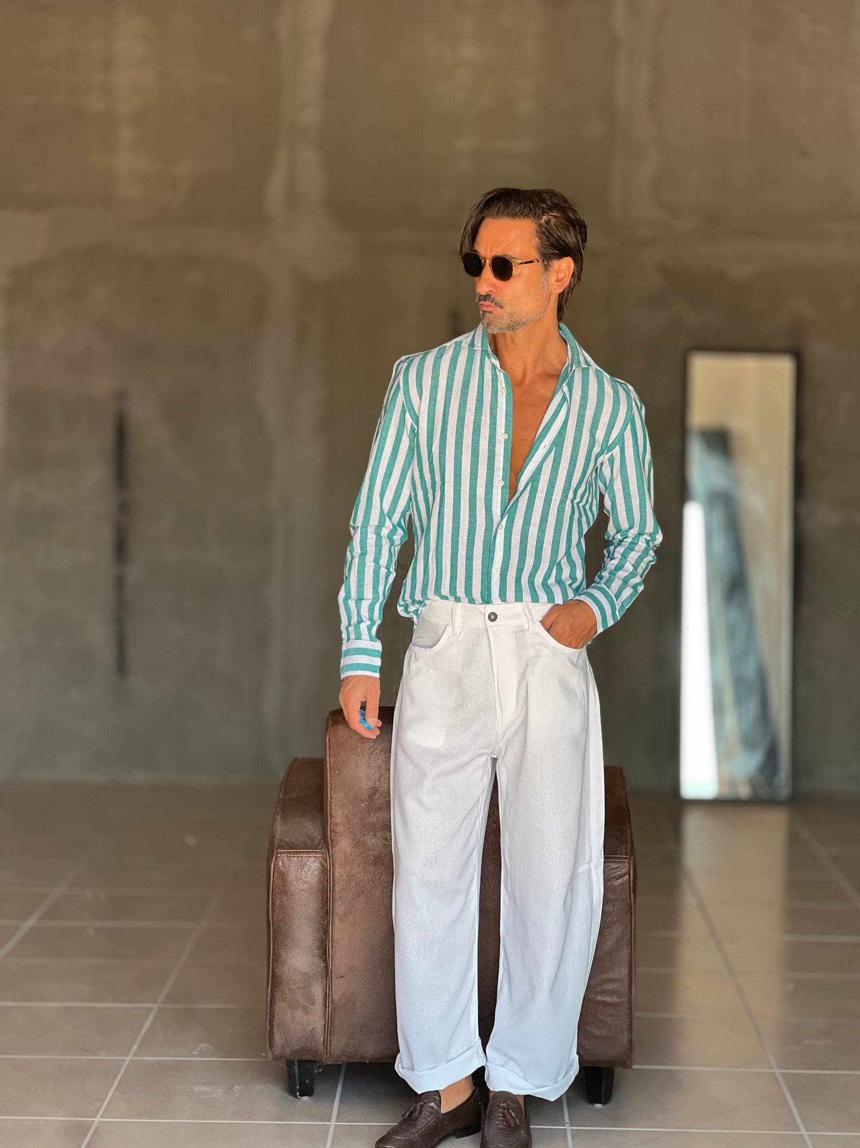 CAMICIA   BACCHETTA GRANDE  BIANCA E VERDE  LINO E MISTI COLLO ITALIANO