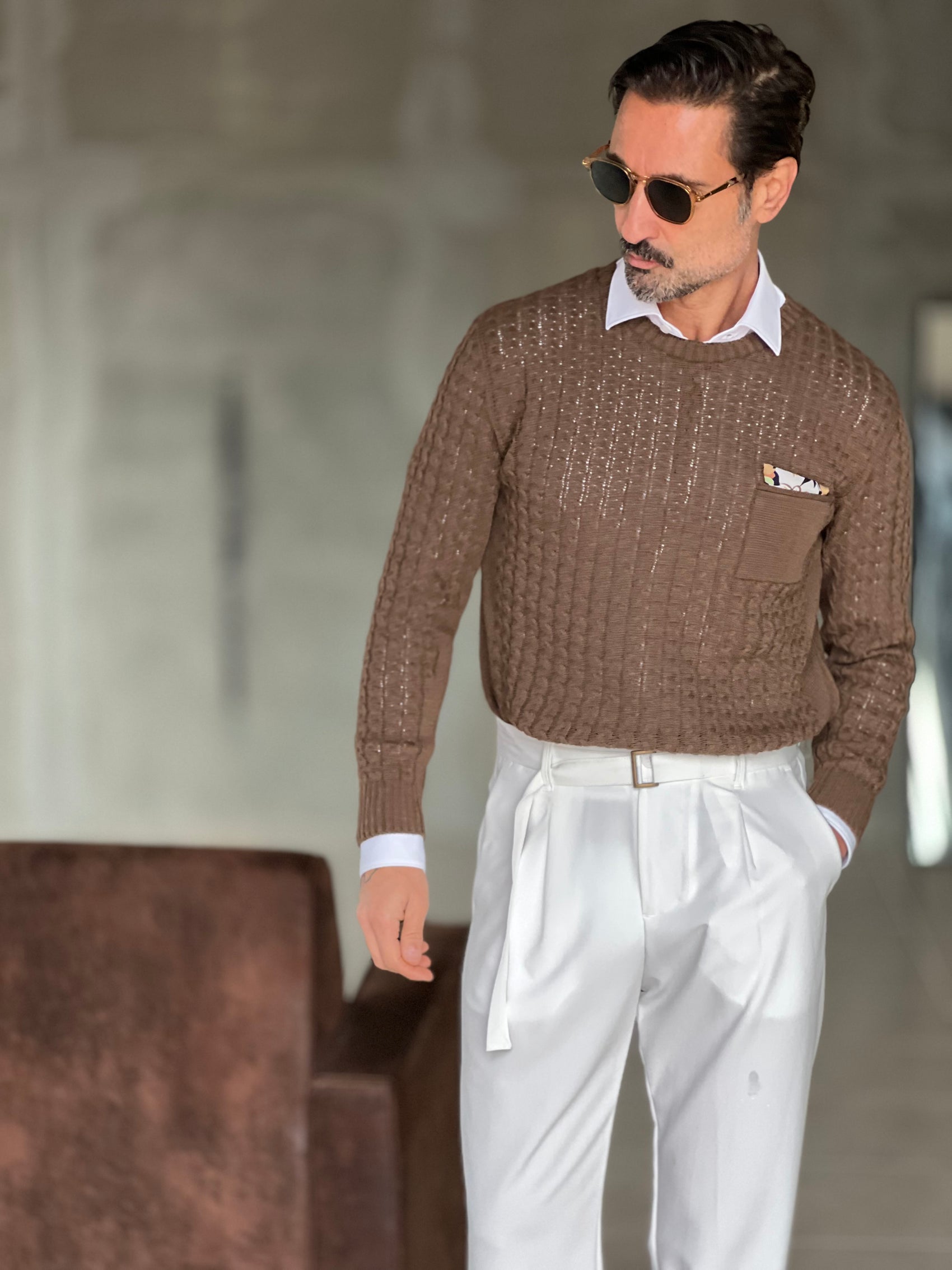 MAGLIA  MORO  TRECCIA COTONE TASCHINO