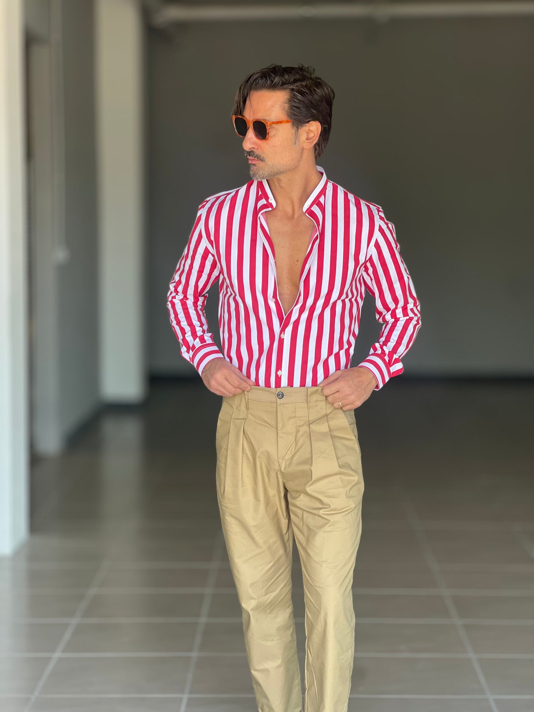 CAMICIA BIANCA E ROSSA  COREANA   POPELINE DI COTONE STRECH
