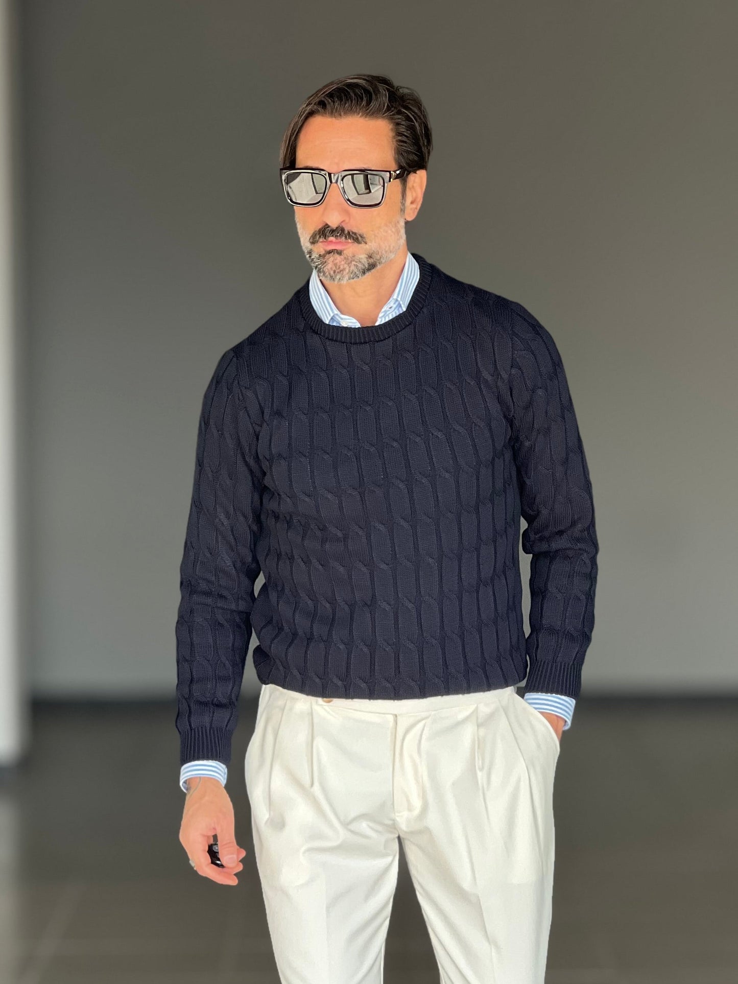 BLUE THREAD COTTON CREW NECK SWEATER