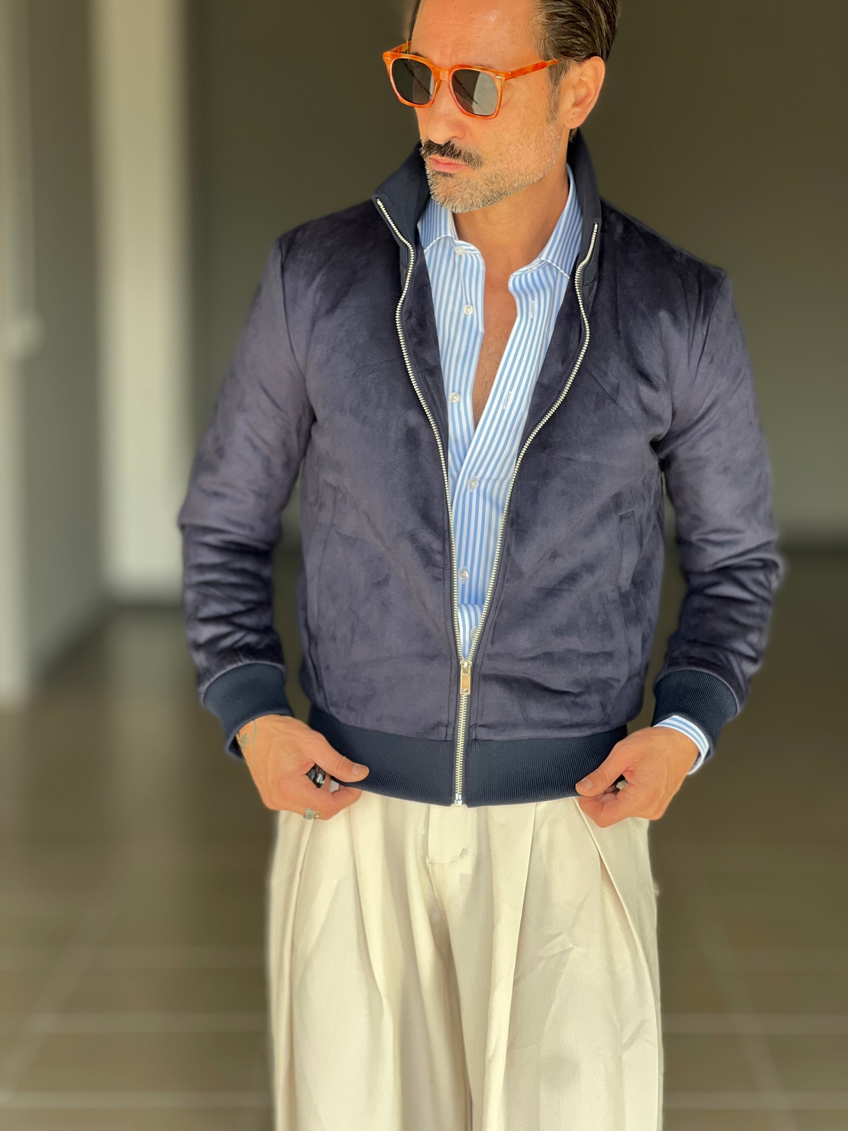 BOMBER ECOSUED BLU  COLLO IN MAGLIA