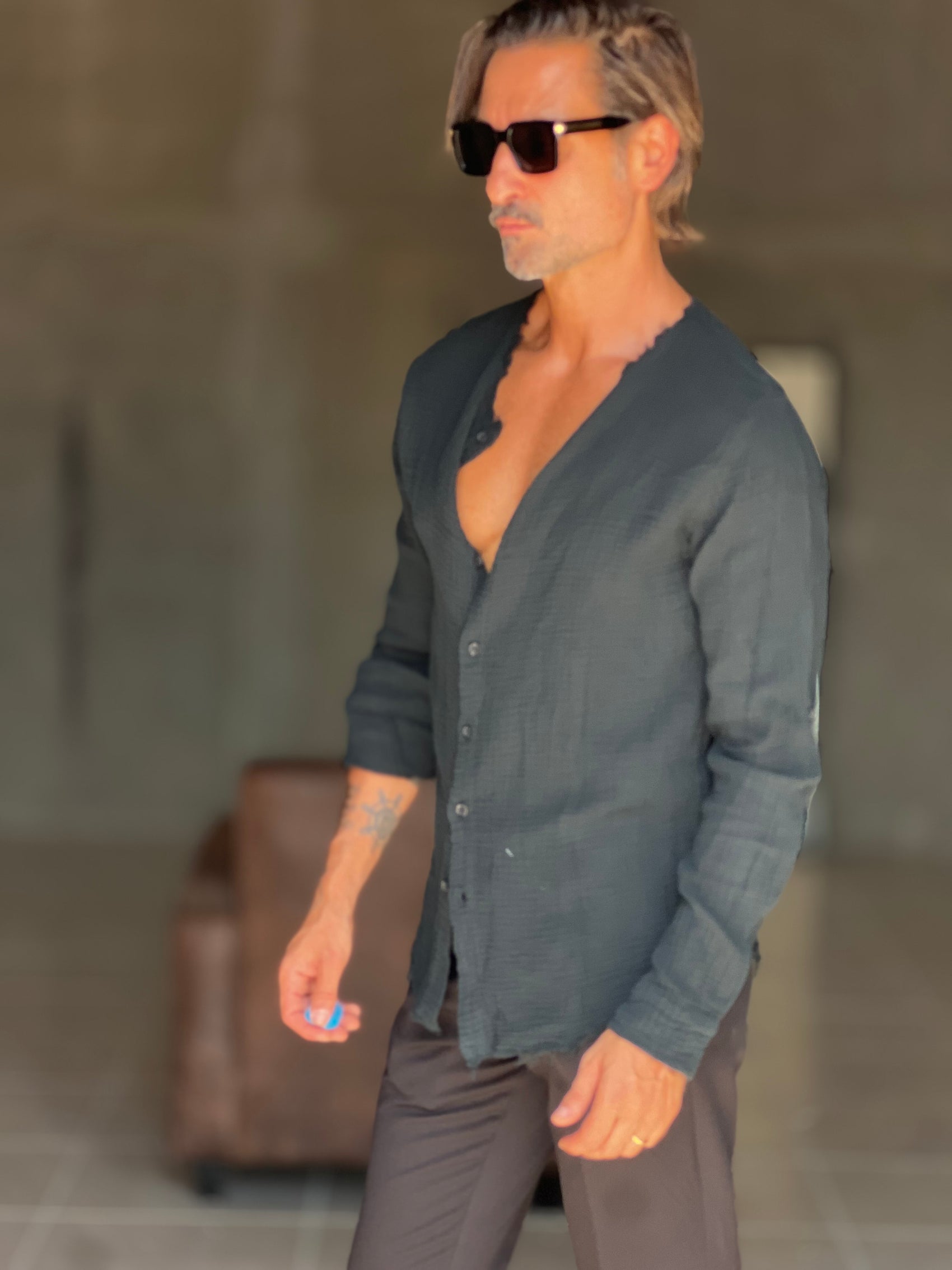 CAMICIA COREANA. NERA GOFFRATA COTONE  EFFETTO LINO 278