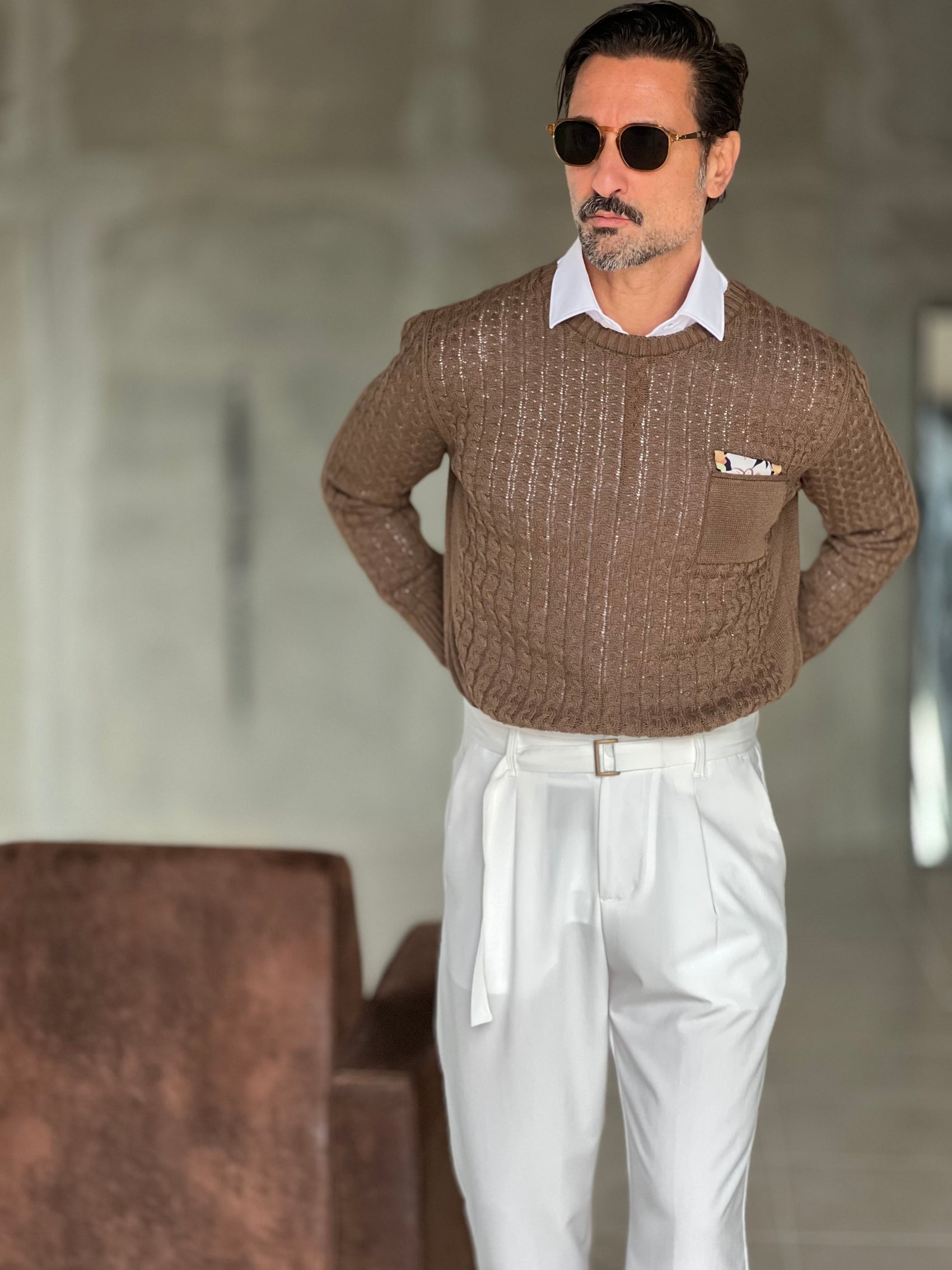 MAGLIA  MORO  TRECCIA COTONE TASCHINO