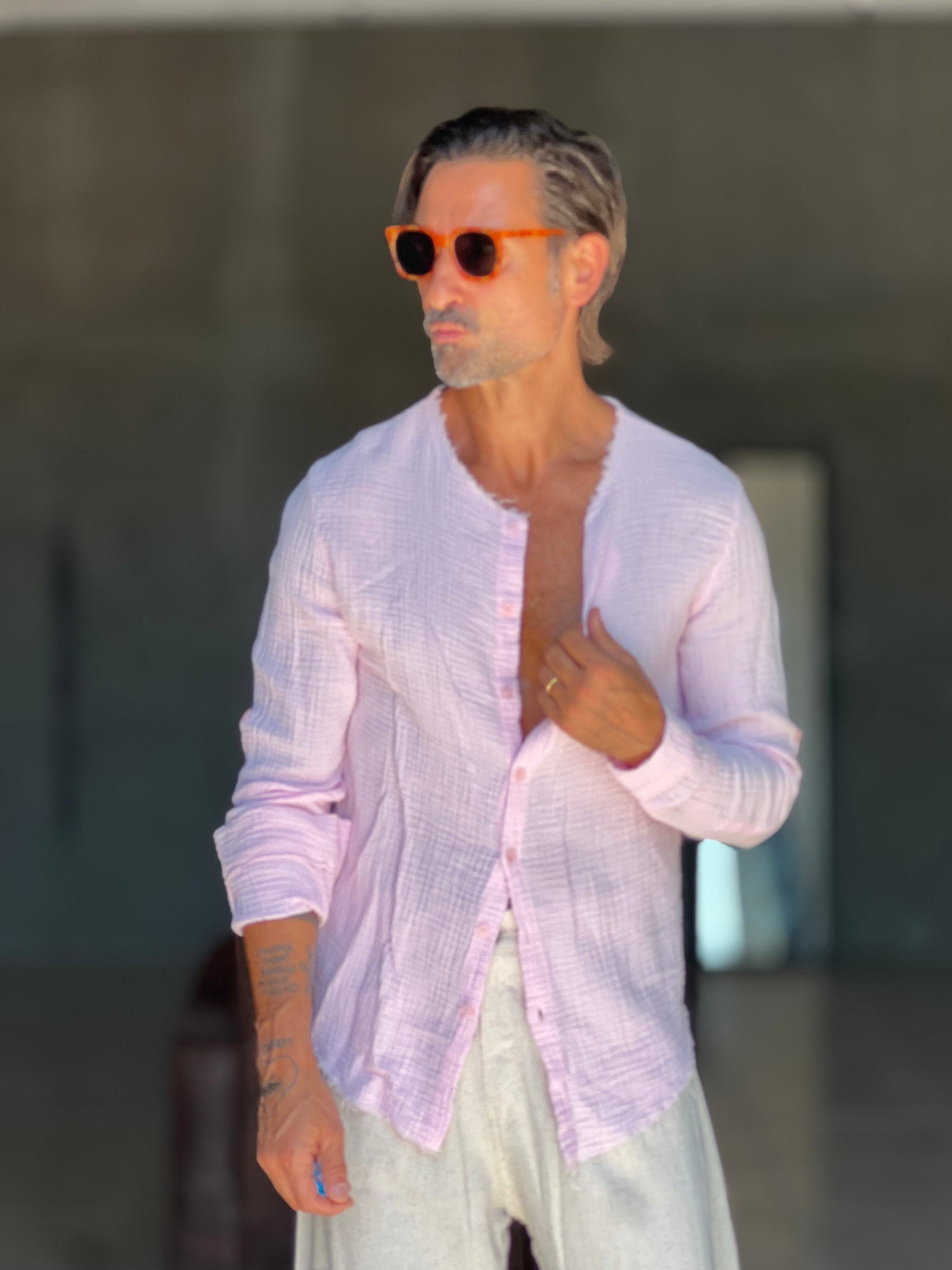 CAMICIA COREANA ROSA GOFFRATA COTONE  EFFETTO LINO 278