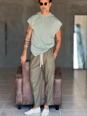 PANTALACCIO  VERDE MILITARE  LACCIO A CONTRASTO MISTO LINO