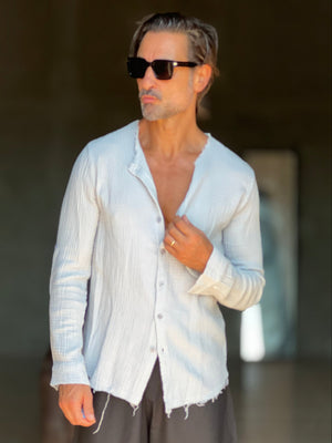 CAMICIA COREANA GRIGIO CHIARO GOFFRATA COTONE  EFFETTO LINO. 278