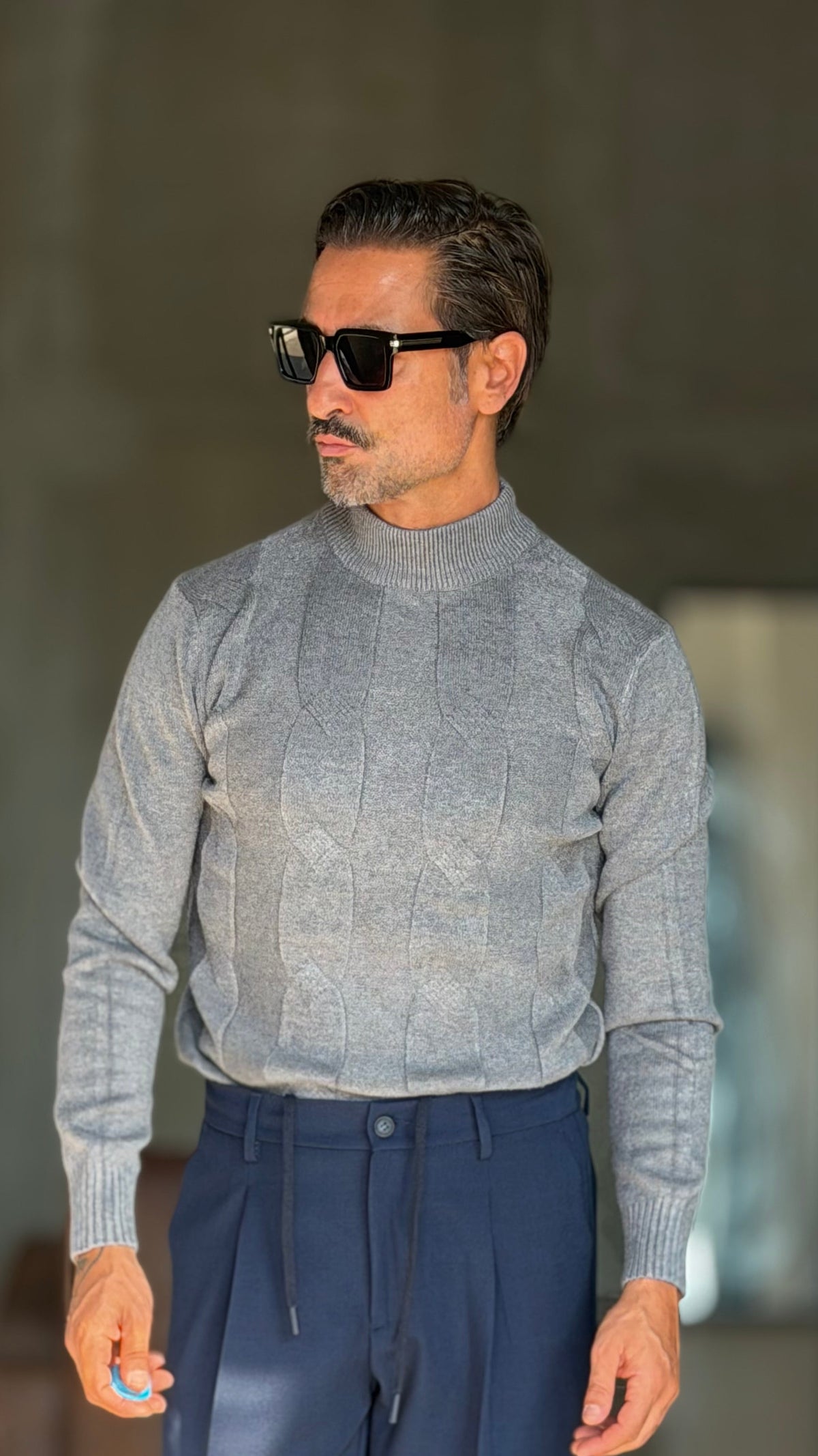 PULLOVER GRIGIO MEZZO COLLO TRECCIA VISCOSA