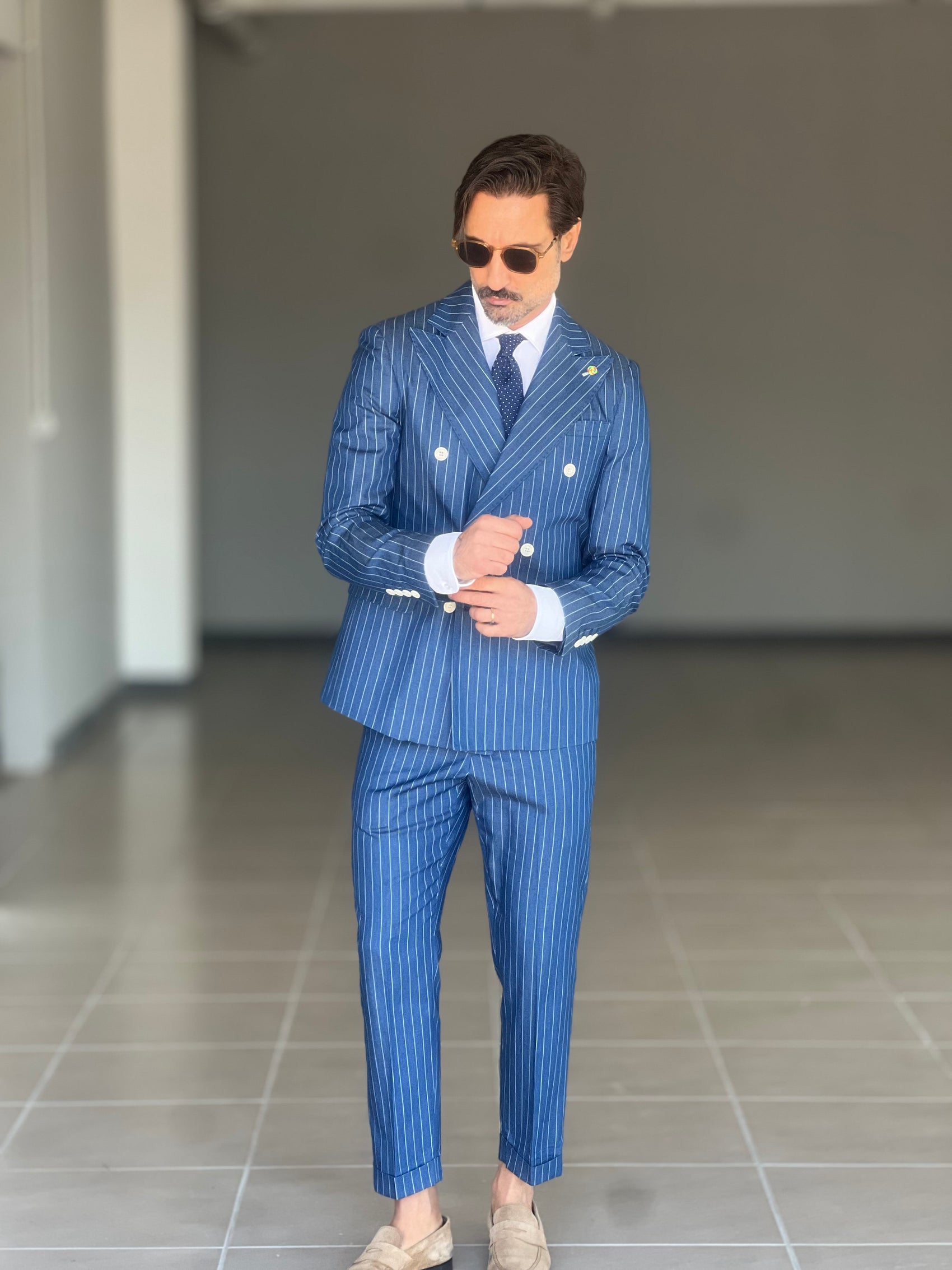 ABITO COLOR DENIM GESSATO FIAMMATO DOPPIOPETTO BOTTONE METALLO