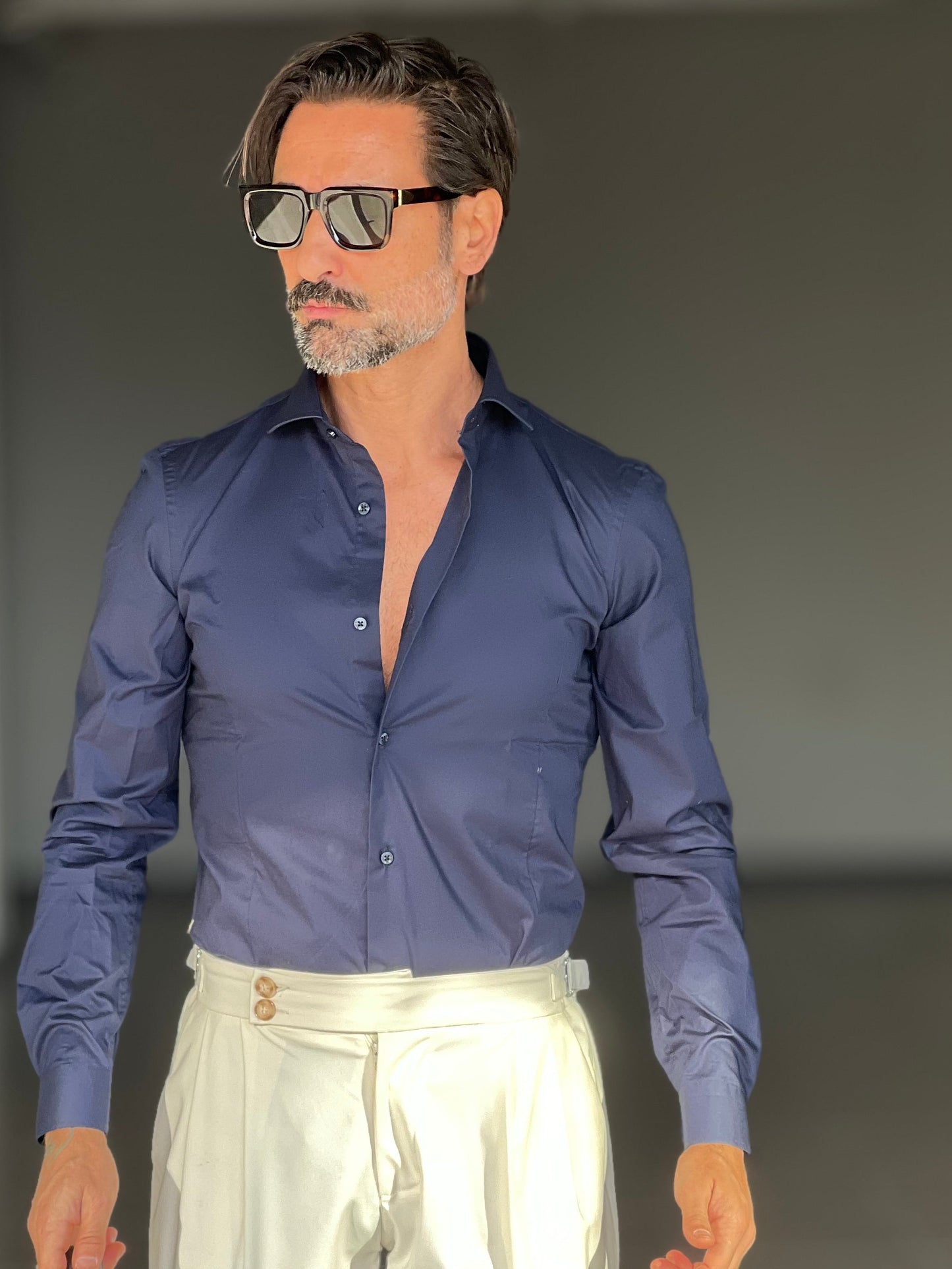 CAMICIA BLU    POPELINE DI COTONE STRECH