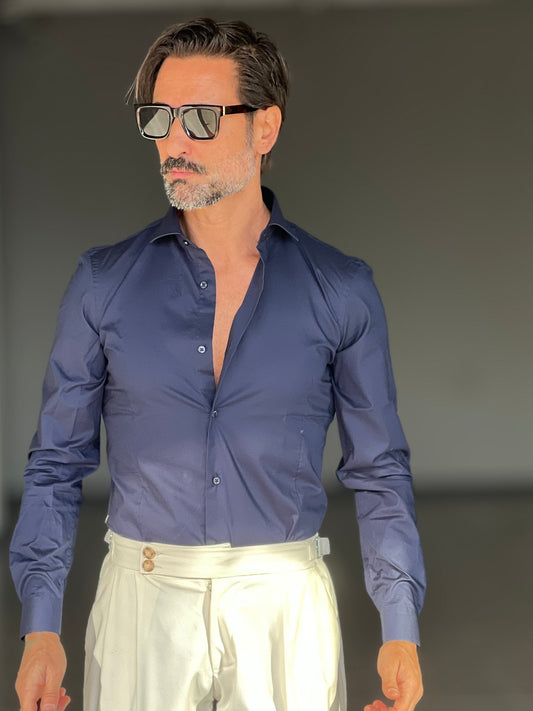 CAMICIA BLU    POPELINE DI COTONE STRECH