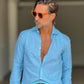 CAMICIA  AZZURRA LINO E MISTI COLLO ITALIANO