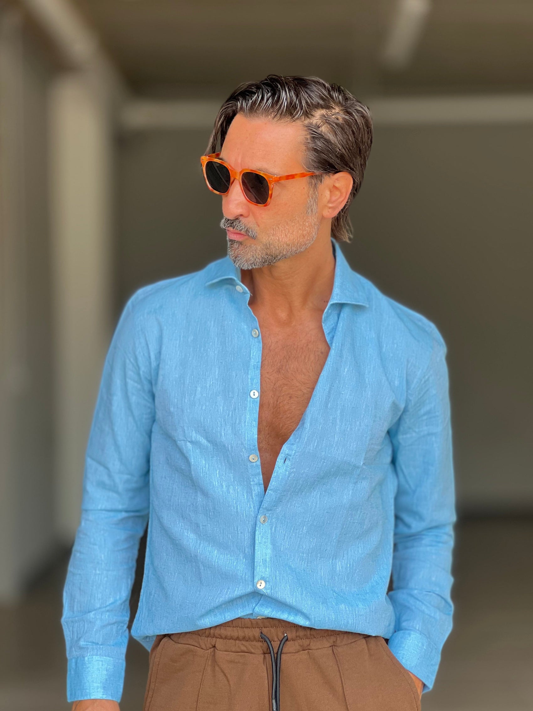CAMICIA  AZZURRA LINO E MISTI COLLO ITALIANO
