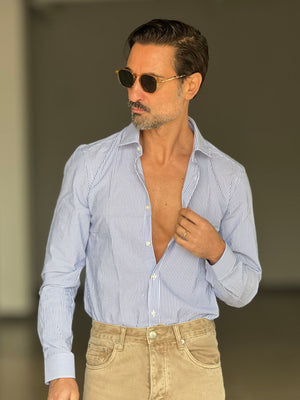 CAMICIA DEPOT  BACCHETTA FINA BLU   COLLO PICCOLO POPELINE  DI COTONE DOPPIORITORTO