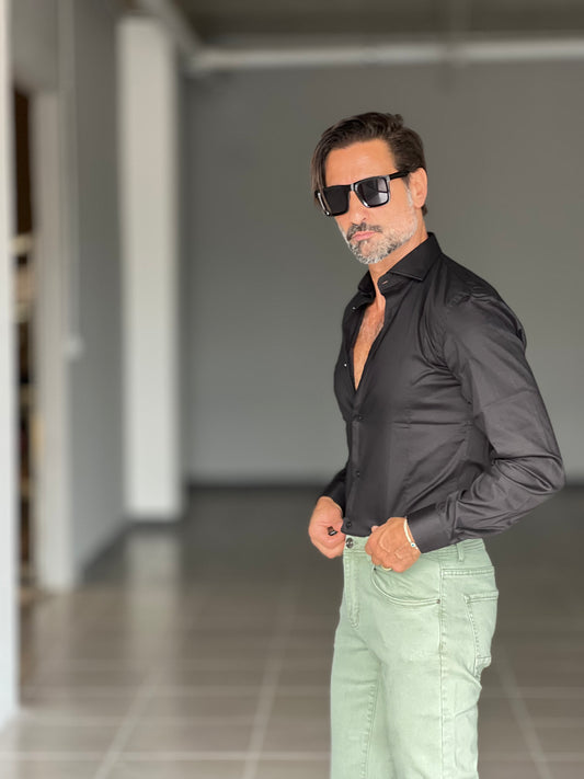 CAMICIA NERA  COTONE COLLO ITALIANO STRECH