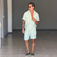 °COORDINATO VERDE MENTA CAMICIA E BERMUDA EFFETTO LINO.