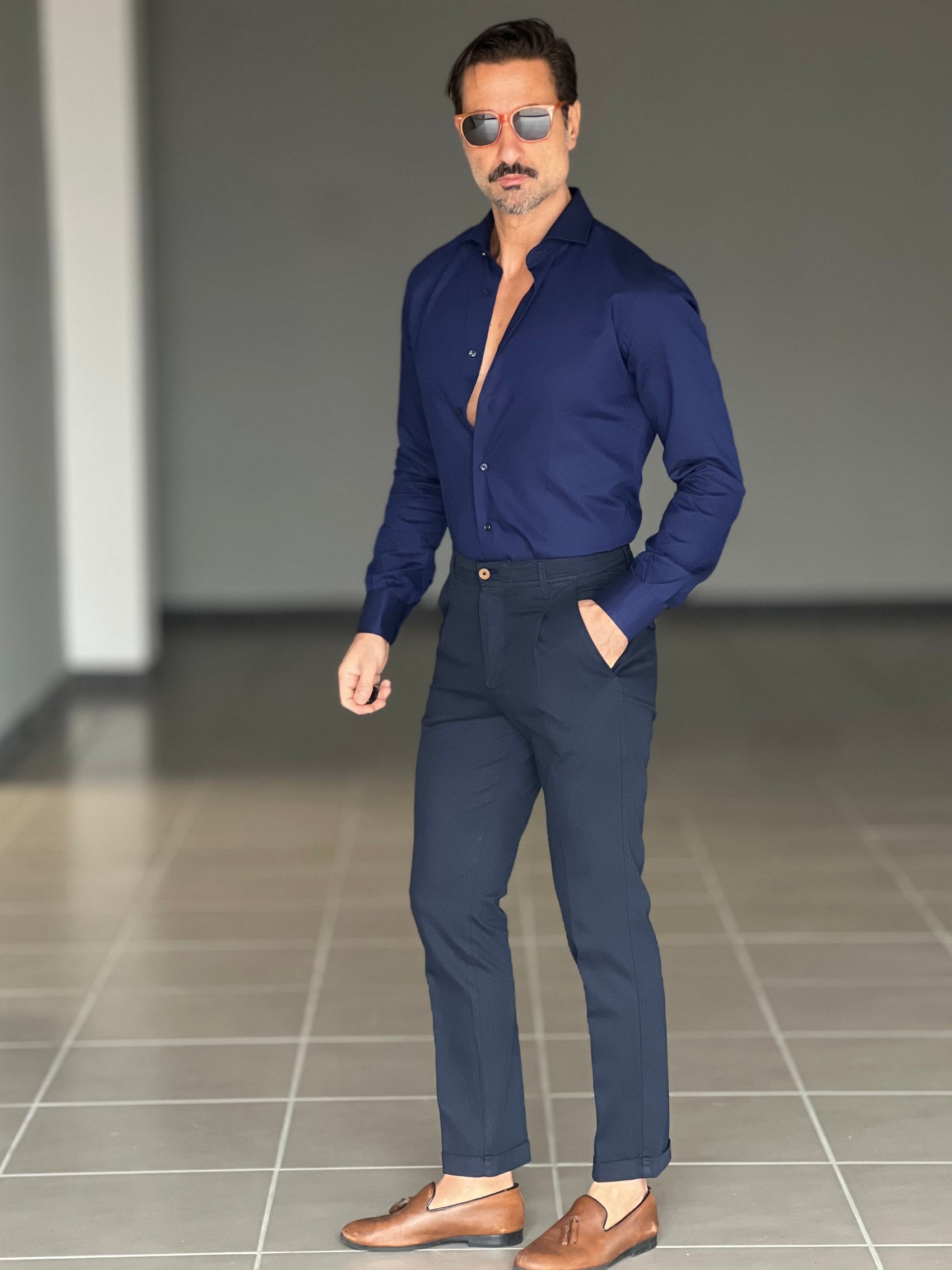 PANTALONE  PINCES  BLU NAVY  GABARDINE DI COTONE G PLAY