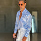 CAMICIA   BACCHETTA GRANDE  BIANCA E CELESTE  LINO E MISTI COLLO ITALIANO