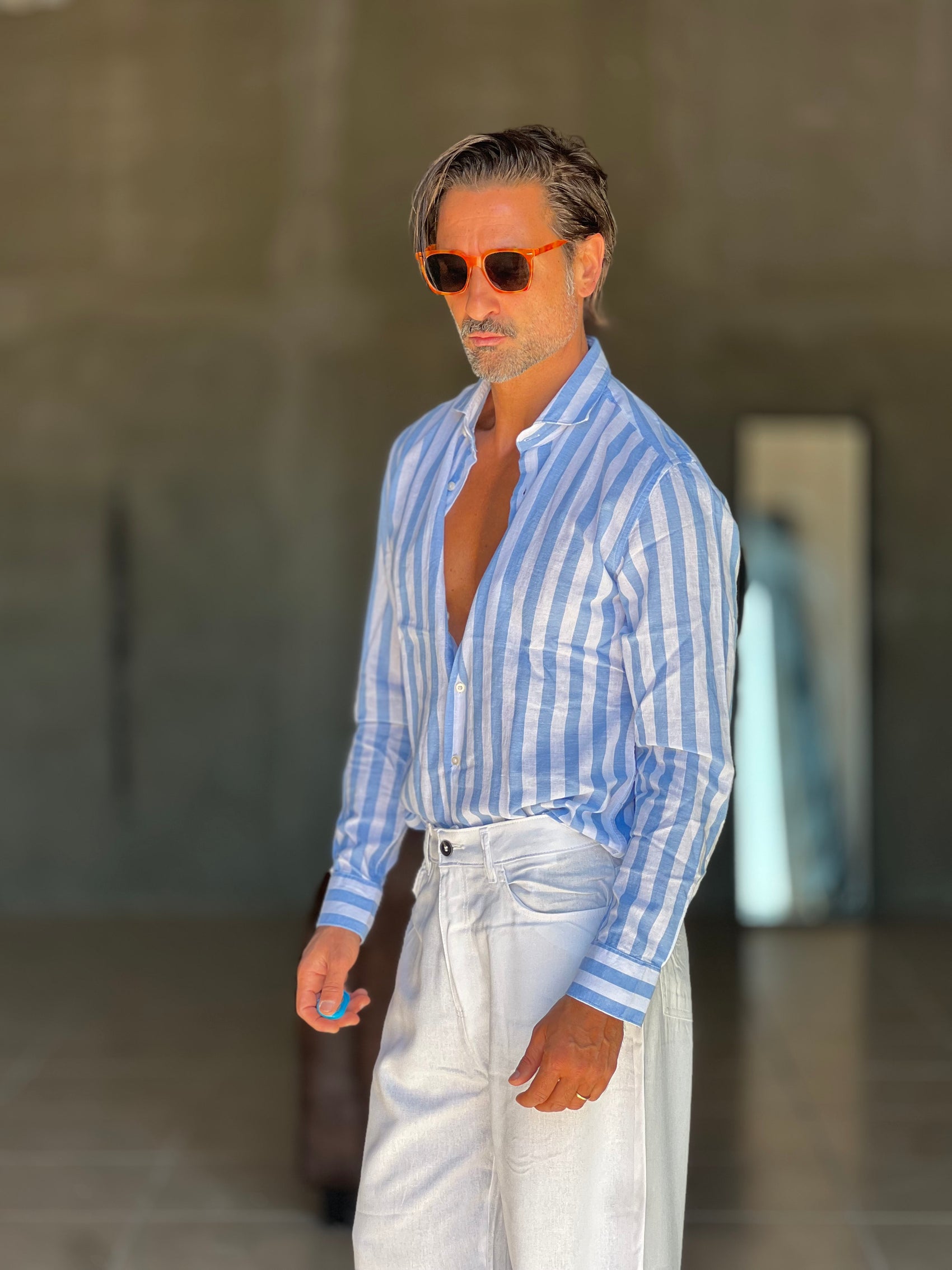CAMICIA   BACCHETTA GRANDE  BIANCA E CELESTE  LINO E MISTI COLLO ITALIANO