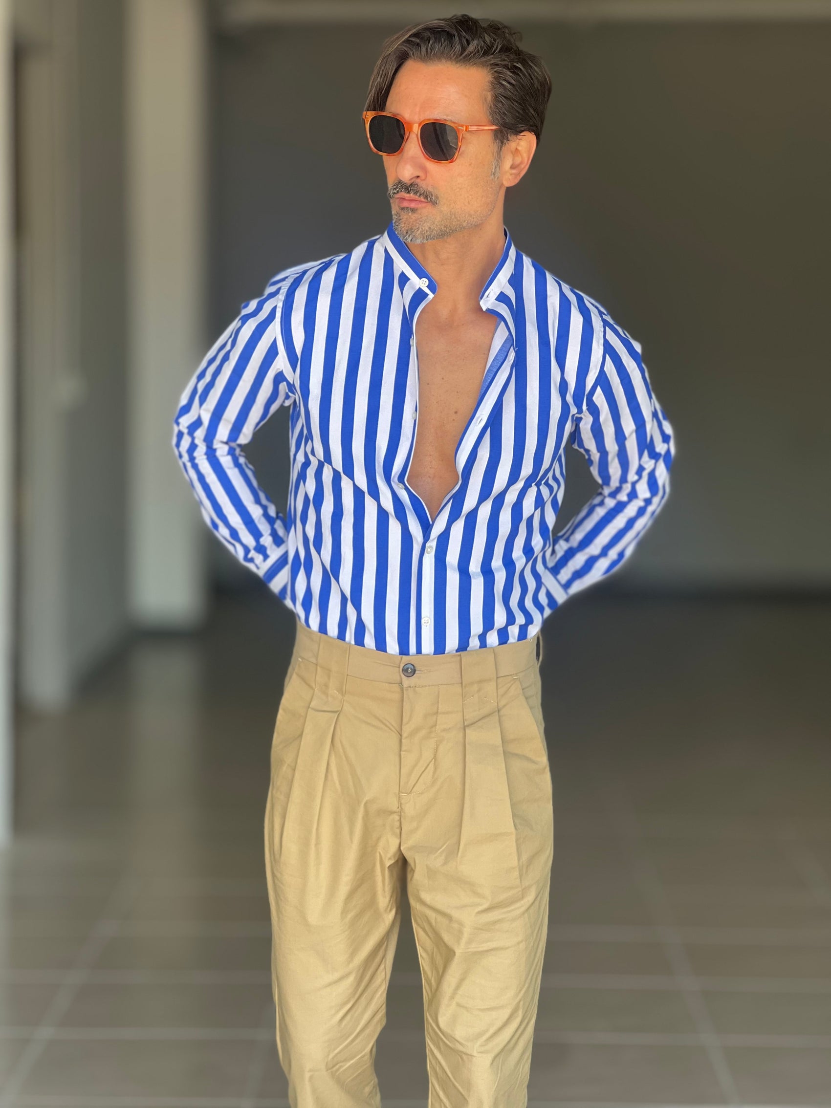 CAMICIA BIANCA E BLU  COREANA   POPELINE DI COTONE STRECH 0070