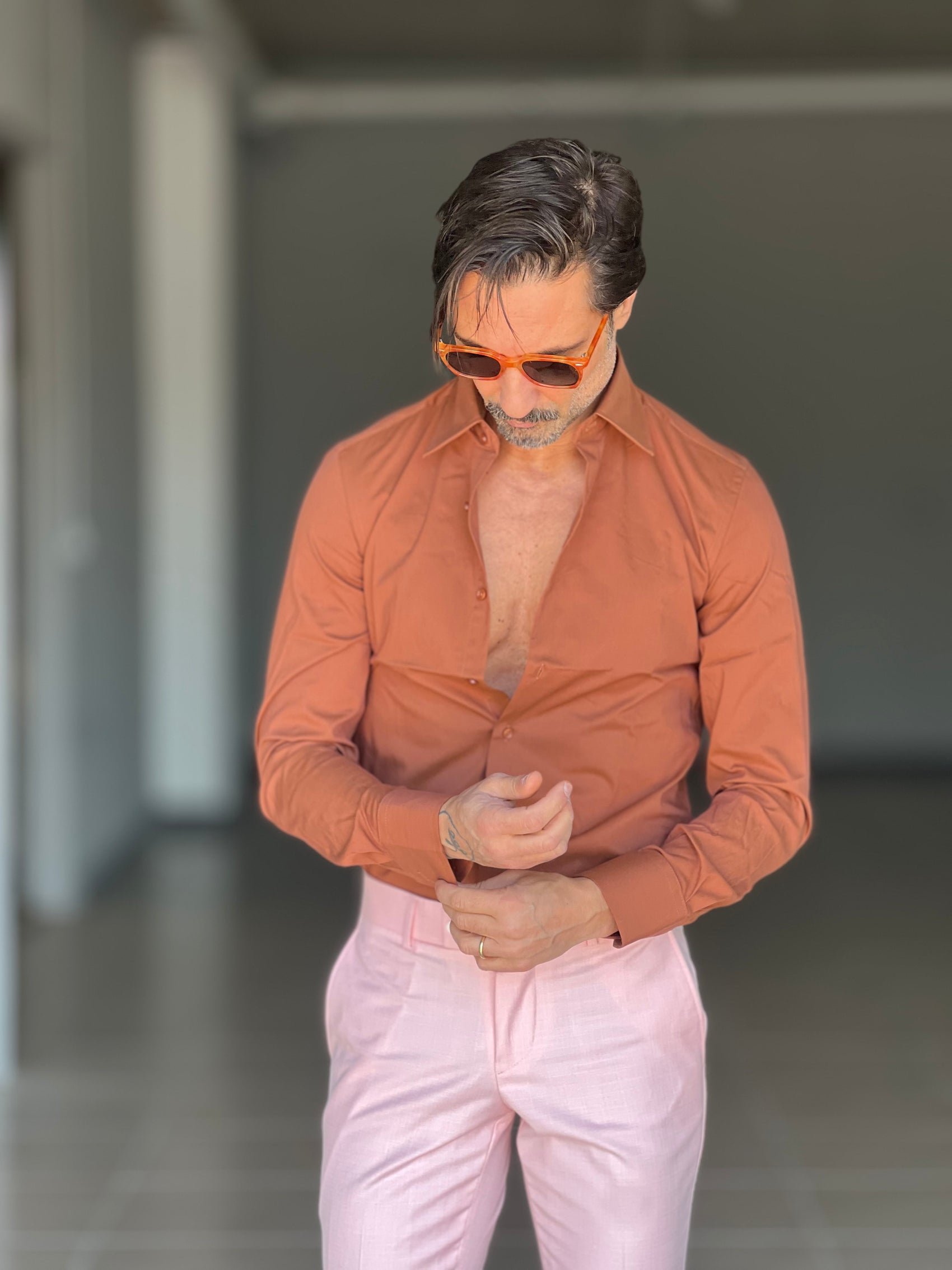 CAMICIA MATTONE POPELINE DI COTONE STRECH