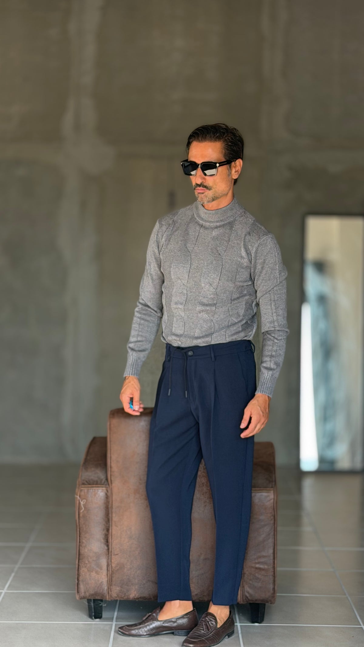 PULLOVER GRIGIO MEZZO COLLO TRECCIA VISCOSA