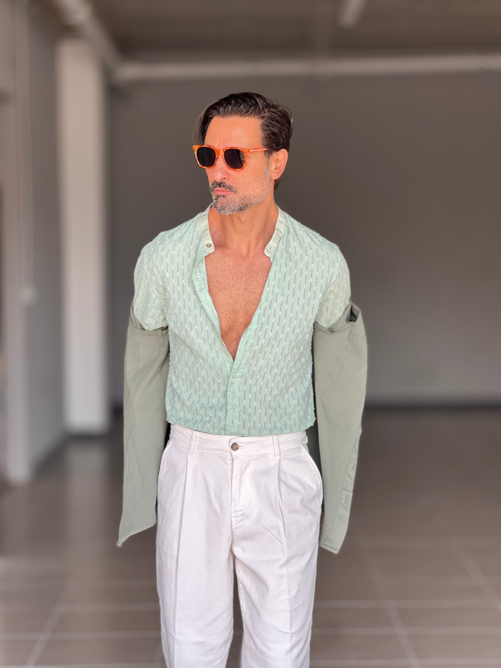 CAMICIA KOON VERDE ACQUA LINO E COTONE LAVORAZIONE TRAMATA 0046