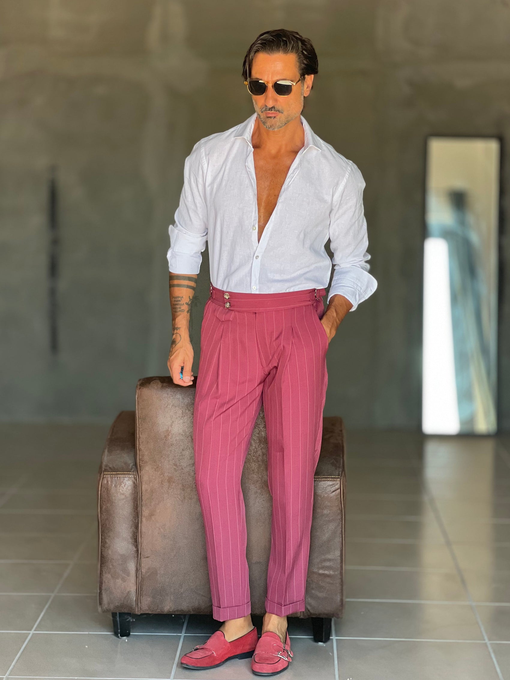PANTALONE BORDEAUX  GESSATO  VITA ALTA PINCES VISCOSA