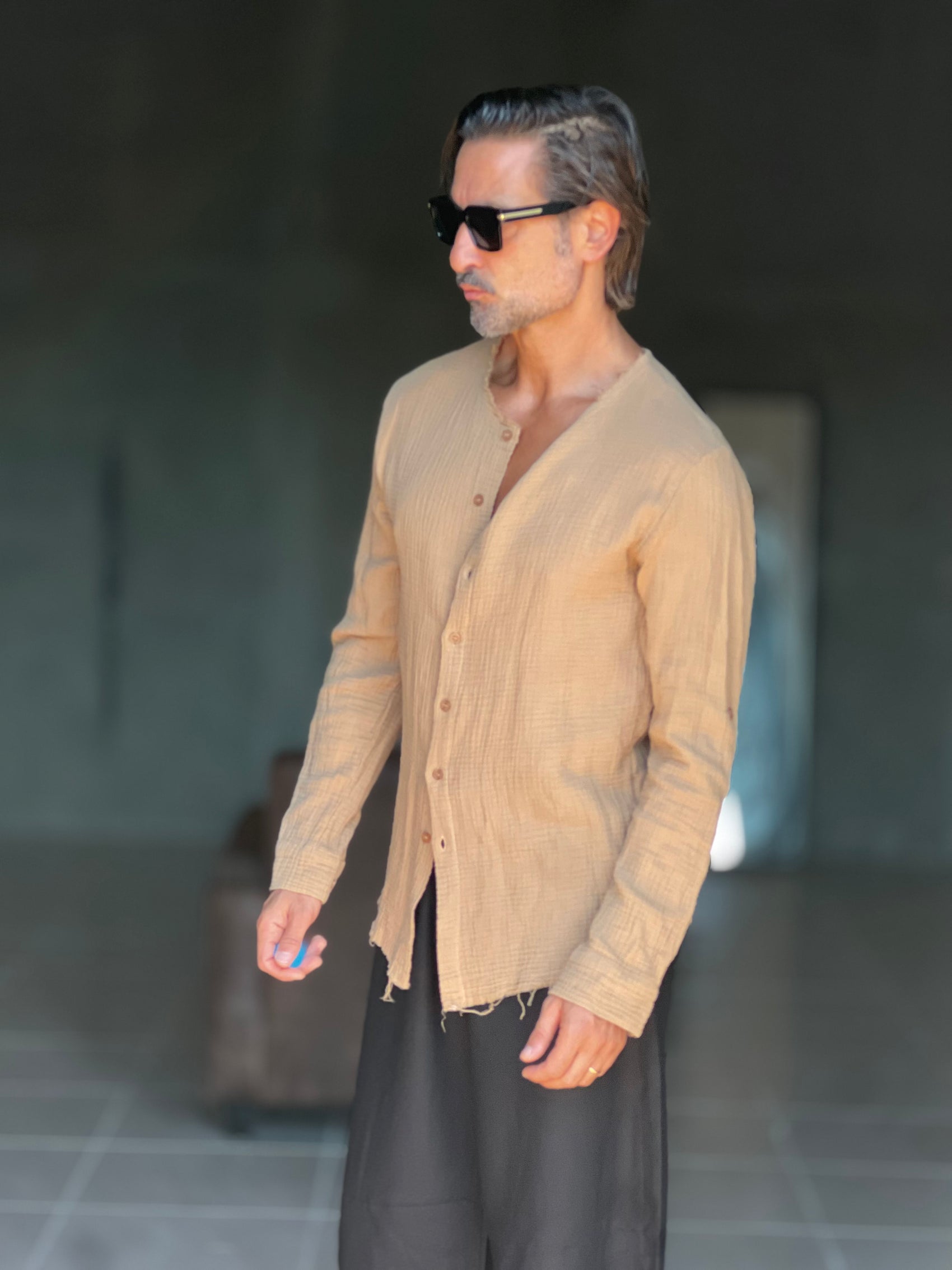 CAMICIA COREANA CARAMELLO  CHIARO GOFFRATA COTONE  EFFETTO LINO. 278