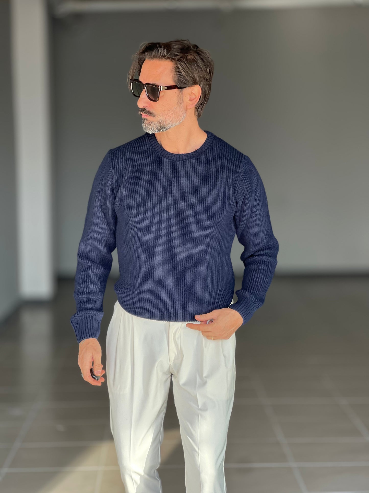 BLUE THREAD COTTON CREW NECK SWEATER