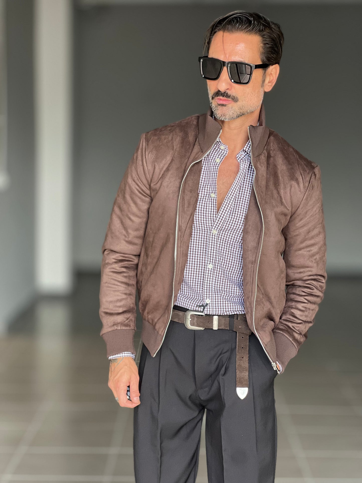 BOMBER ECOSUED MORO COLLO IN MAGLIA