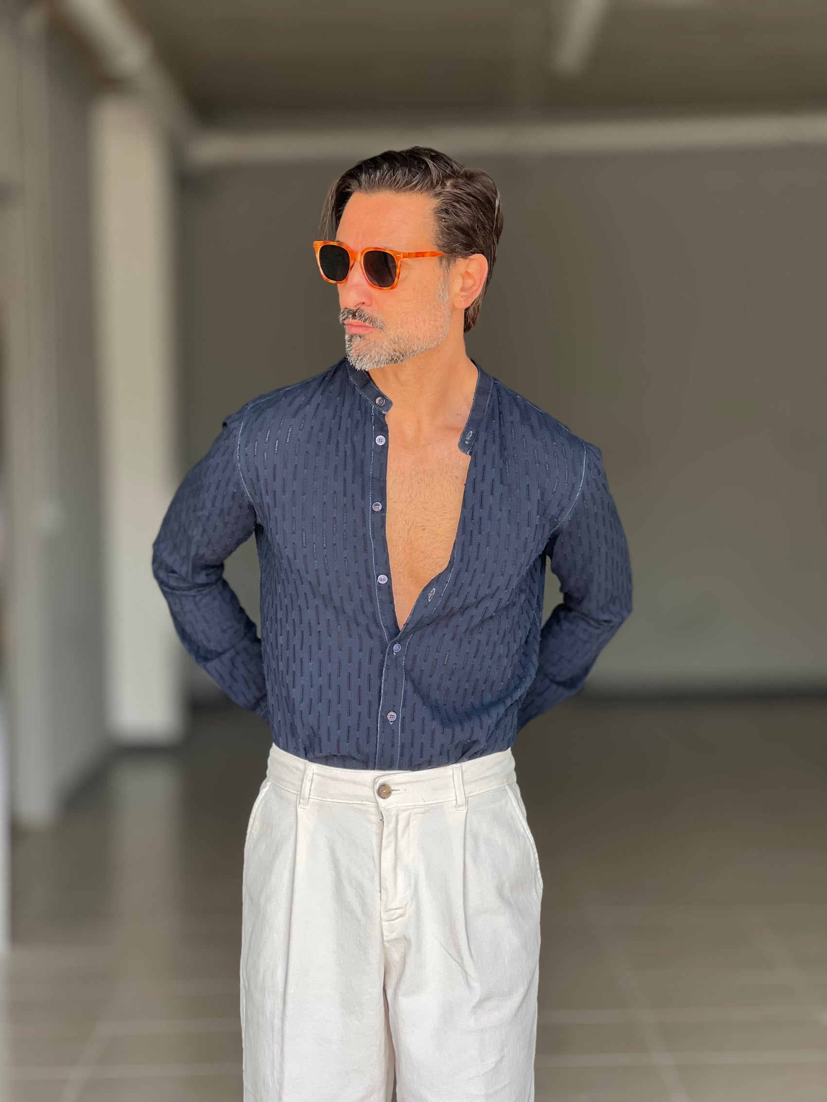 CAMICIA KOON BLU  LINO E COTONE LAVORAZIONE TRAMATA