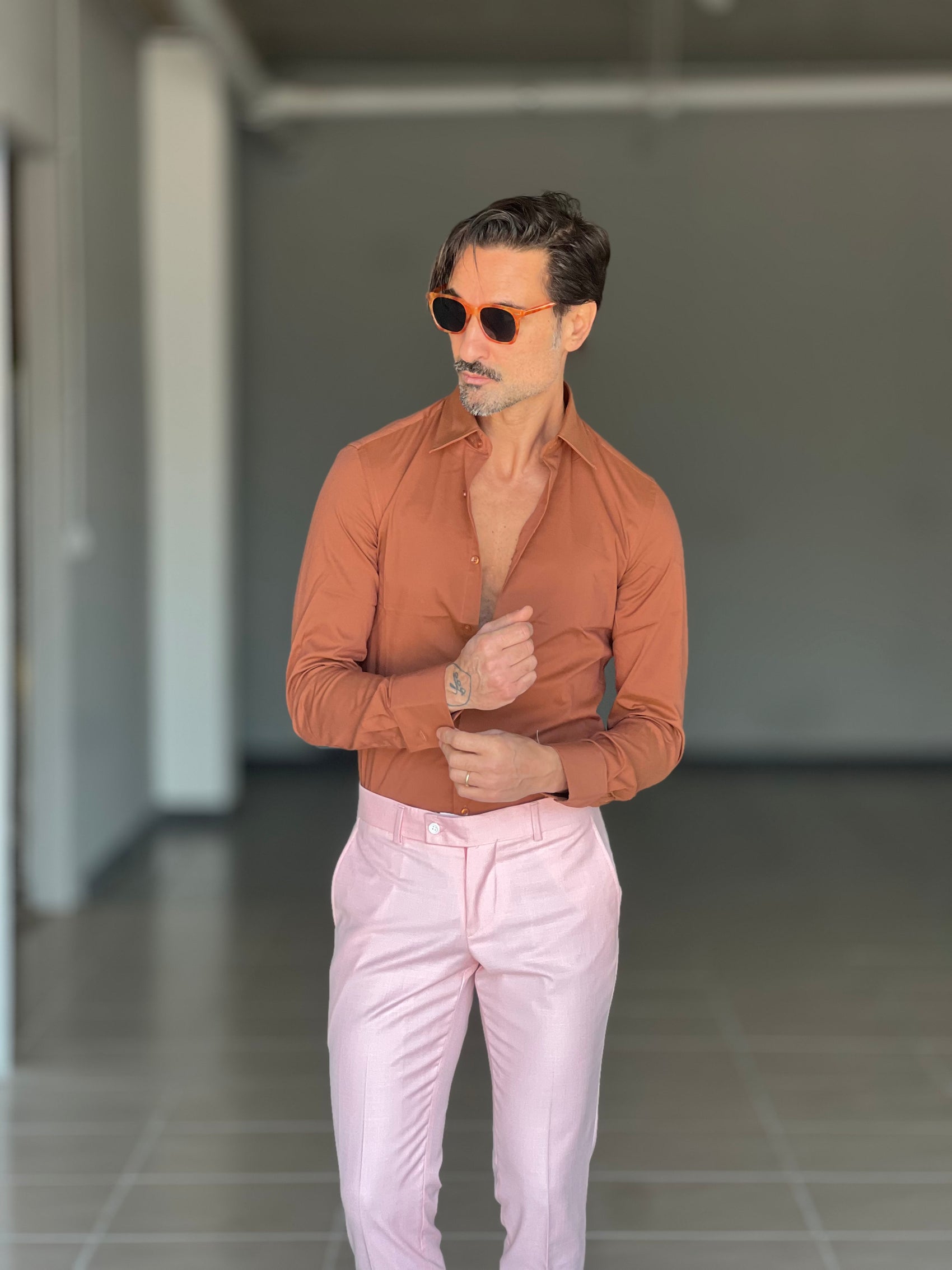 CAMICIA MATTONE POPELINE DI COTONE STRECH