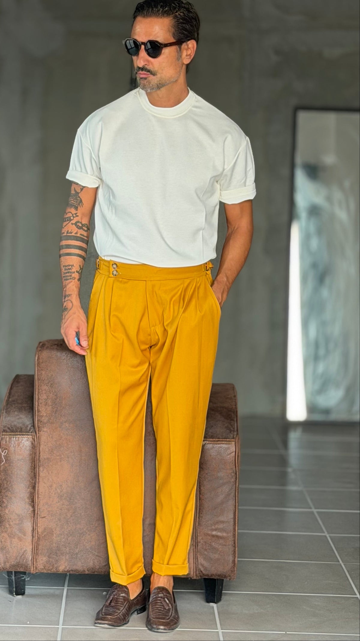 PANTALONE GIALLO UOVO  VITA ALTA PINCES VISCOSA  EFFETTO FLANELLA BATTUTA