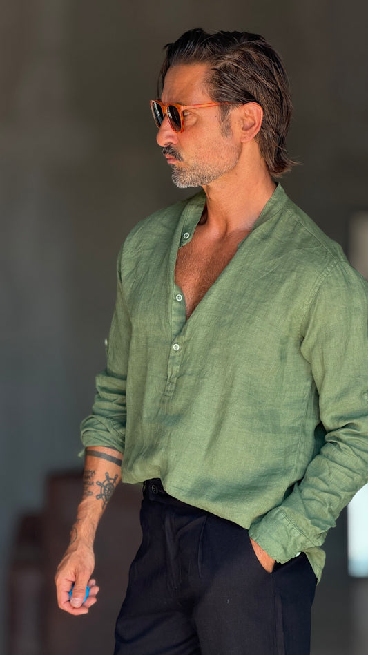 CAMICIA  SERAFINO VERDE LINO PURO