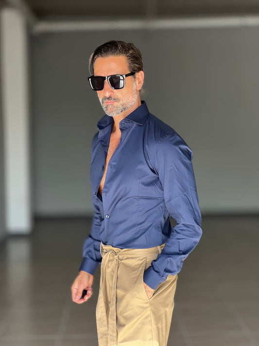 CAMICIA BLU  COTONE COLLO ITALIANO STRECH