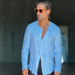 CAMICIA COREANA CELESTE CIELO   CHIARO GOFFRATA COTONE  EFFETTO LINO. 278
