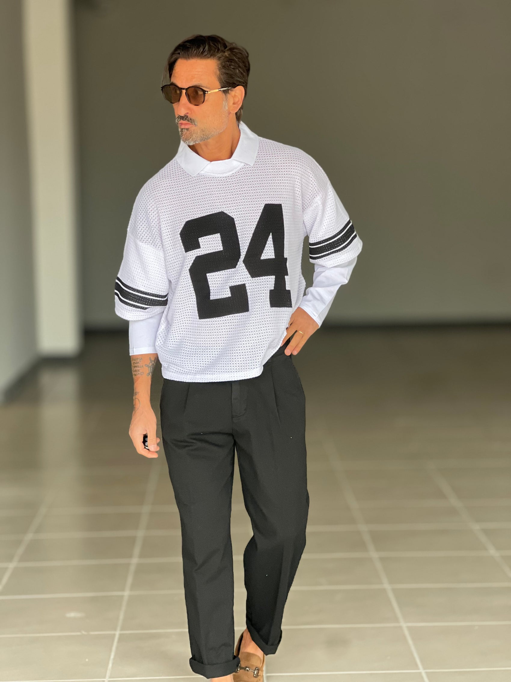 MAGLIA  BIANCA  CROP DOPPIATA MOD FOOTBALL OVER SIZE